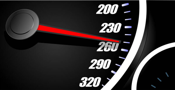 Speedometer with red needle pointing at high speed showing over speed concept