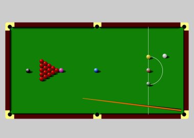 Snooker masası hazır ve oyun için hazır, ıstaka yeşil baize üzerinde dinleniyor, el çizimi