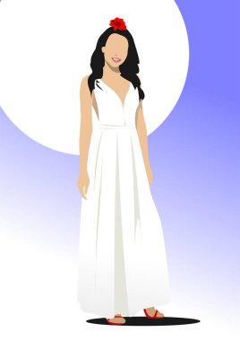 Beyaz bir elbise giymiş ve saçında kırmızı bir çiçek olan güzel bir genç kadının uzun bir resmi. El çizimi illüstrasyon