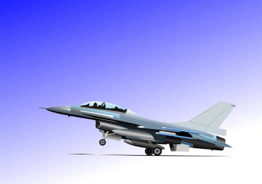 Avcı uçağı mavi gökyüzü arka planına karşı kalkıyor. El çizimi illüstrasyon