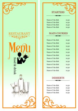 Garsonun yemek servisi yaptığı şık bir restoran menüsü.