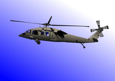 Mavi gökyüzünde uçan askeri helikopter.