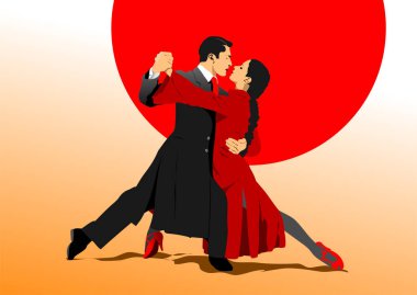 Arka planda büyük kırmızı bir güneş olan çift tango yapıyor. El çizimi illüstrasyon