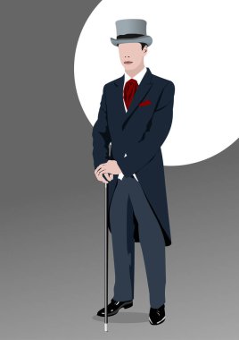 Silindir şapka takan ve baston tutan zarif bir beyefendi.