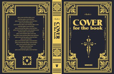 Ornate gold foiled hardcover book cover design featuring griffins, a cross, and ample space for text clipart