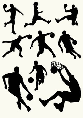 Basketbolcuların siluetleri pas veriyor, top sürüyor, atış yapıyor, smaç basıyor ve defans oynuyor.