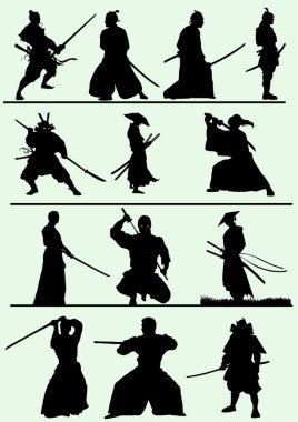 On iki siyah samuray ve ronin silueti kılıçlarıyla dövüş sanatları icra ediyorlar.