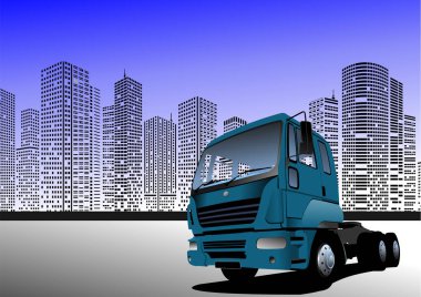 Şehirde mavi yarı karavan parkı, lojistik ve ulaşım konsepti