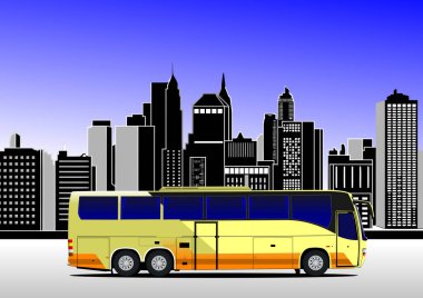 Şehir merkezinde gökdelenleri olan sarı otobüs sürücüsü