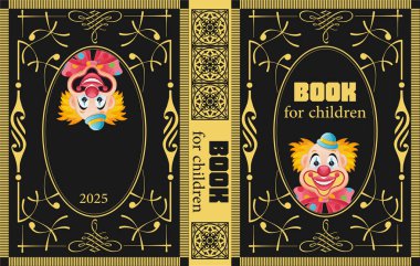 Çocuk kitabı kapağı şablonu. Siyah ve altın desenli, gülümseyen iki palyaço.