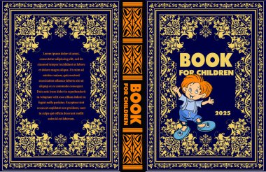 Kırmızı saçlı bir çocuğun el salladığı mavi arka planda altın çiçekli süsler içeren çocuk kitabı kapağı tasarımı.