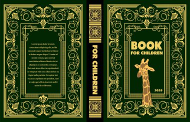 Zürafa çizimi ve altın çiçekli süslemeleri olan çocuklar için yeşil kapak kitabı