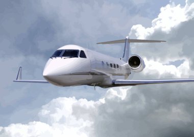 Beyaz özel jet bulutların üzerinde uçuyor Güzel bir günde