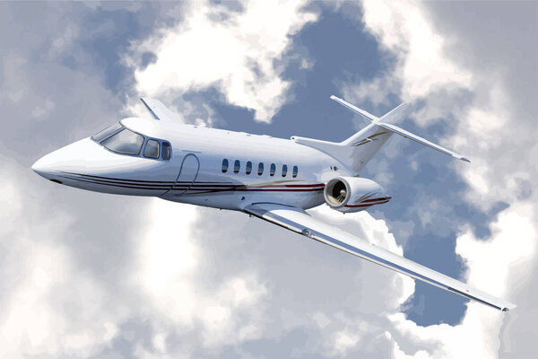 Белый частный реактивный самолет летит высоко над облаками в солнечный день