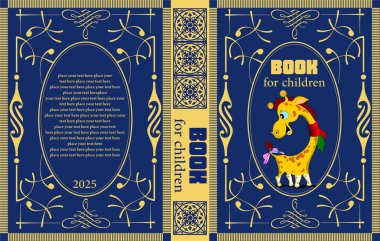 Mavi kitap kapağı eşarp takan komik zürafa, metin, yayıncılık, baskı için boşluk