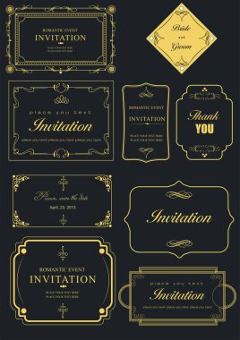 Farklı romantik davet tasarımları sunan lüks altın renkli çerçeveler.