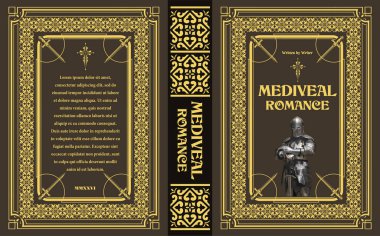 Kitap kapağı tasarımı. Kolları çapraz duran bir şövalye. Karmaşık bir ortaçağ kalıpları ve tipografi zeminine karşı duruyor.