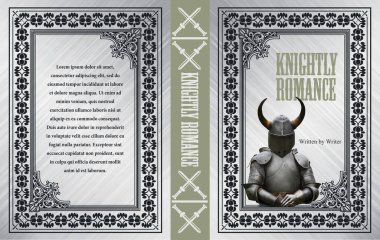 Boynuzlu bir kask takan bir şövalyenin yer aldığı kitap kapağı tasarımı, tarihsel kurgu ve fantezi romanları için mükemmel.