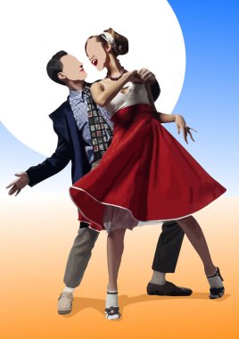 1950 'lerin modasına uygun giyinmiş genç çift rock' n roll yapıyor.