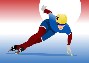 Profesyonel kısa yol hız patencisi koruyucu spor giyerek buz pistinde hız yapıyor.