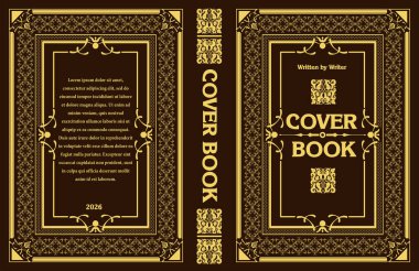 Bu sofistike kitap kapağı tasarımı, herhangi bir yayına zerafet katmak için mükemmel, siyah bir zemin üzerinde süslü altın çerçeveler içerir.