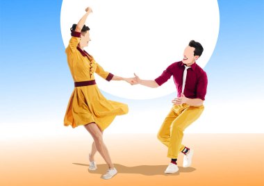 1940 'ların renkli kıyafetleri içinde genç bir çift, dans eden rock' n 'roll ya da lindy hop, eğimli bir arka plan, vektör illüstrasyonu