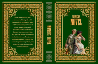 Yeşil arka planda zarif altın çerçeveli kitap kapağı tasarımı, kadın romanı başlığı ve tarihi romantizm veya edebiyat için ideal bir çiftin klasik çizimi.
