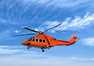 Mavi gökyüzünde bulutlarla uçan turuncu kurtarma helikopteri