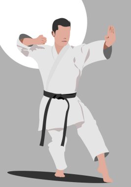Genç karateci beyaz kimono ve siyah kuşak giyerek dövüş sanatları yapıyor.