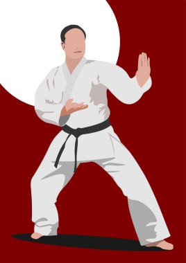 Karate ustası beyaz kimono ve siyah kuşak giyerek beyaz çemberli kırmızı arka planda dövüş sanatları yapıyor.