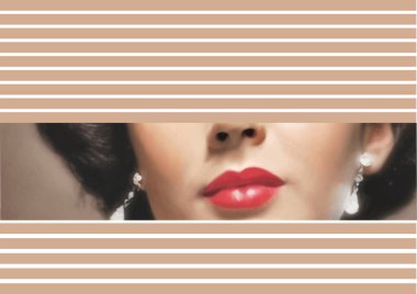 Close-up of a woman wearing red lipstick and pearl earrings, visible through horizontal blinds, creating a sense of mystery and intrigue clipart