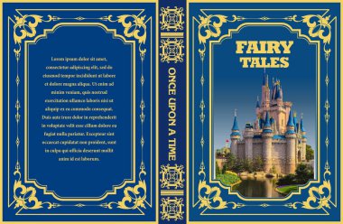Mavi ve Altın Masallar kitabının kapağında sihirli krallıktaki Cinderella Kalesi, Walt Disney Dünyası, bir zamanlar omurgasında