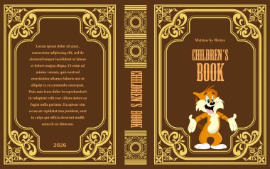 Tuhaf çocuk kitabı kapağı tasarımı. Dost canlısı bir çizgi film kedisi ve zarif, süslü bir çerçeve.