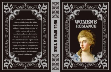 Romantizm, tarih ve klasik edebiyat temalarını çağrıştıran asil bir kadının portresini içeren klasik kitap kapağı tasarımı.