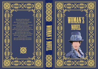 Kitap kapağı tasarımı, silindir şapka takan aristokrat bir kadın, zengin, koyu mavi bir arkaplan, süslü altın çerçeveli, klasik, klasik bir estetiği çağrıştırıyor.