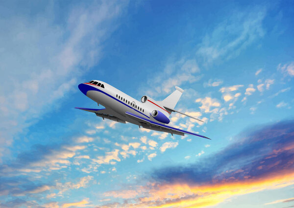 Белый и синий пассажирский самолет парит в ярком небе заката, символизируя роскошные путешествия и приключения