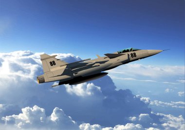 Modern askeri uçak bulutların üzerinde uçuyor.