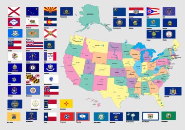 Amerika 'nın Alaska ve Hawaii' yi de kapsayan renkli haritası. Her eyaletin bayrağı yanında sergileniyor.