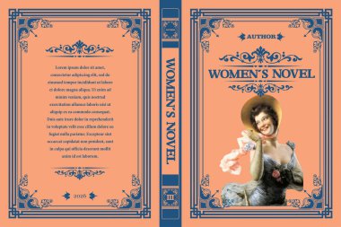 Book cover design for a women's novel, featuring a smiling woman in an elegant dress and hat, set against a vintage-style background