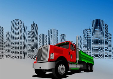 Kırmızı ve yeşil damperli kamyon gün içinde büyük şehir siluetinin önüne park edilmiş.