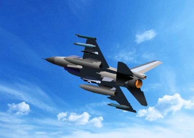 Savaş uçağı mavi gökyüzünde uçuyor, füzelerle donanmış, keşif görevi yapıyor.