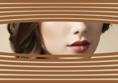 Lower part of woman's face peeking through brown blinds, creating a sense of mystery and intrigue clipart