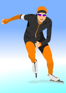 Buz pistinde yarışan hız patencisi, profesyonel takım elbise ve güneş gözlüğü takıyor.