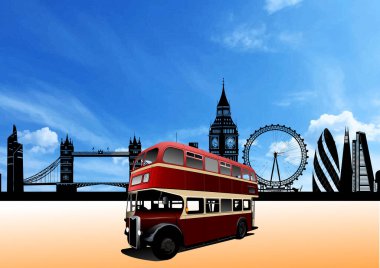 Londra 'daki klasik kırmızı çift katlı otobüs. Mavi gökyüzüne karşı ünlü simgeleri var.