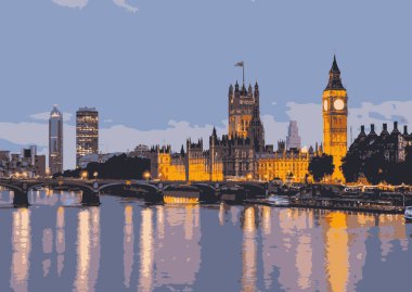 Westminster Sarayı 'nda büyük Ben' in alacakaranlıkta nehre yansıması Londra 'nın güzel bir şehir manzarası yaratıyor.