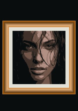 Islak saçlı bir kadının modern pop sanat çizimi, şık bir çerçeveyle sunuluyor.