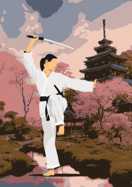 Katana ile Karateka geleneksel Japon bahçesinde iaido pratiği yapıyor. Arka planda pagoda ve kiraz çiçekleri var.