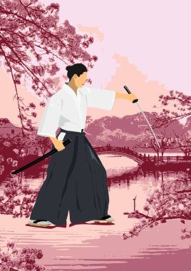 Samuray, geleneksel Japon bahçesinde kiraz çiçekleriyle birlikte bir köprünün yanında Katana ile iaido çalışması yapıyor.