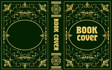 Klasik kitap kapağı tasarımı zarif yeşil ve altın renkli bir şema, süslü çerçeveli, klasik veya lüks yayınlar için mükemmel