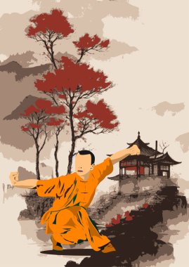 Tapınak ve kırmızı ağaçlarla geleneksel doğu manzarasında kung fu yapan keşiş.